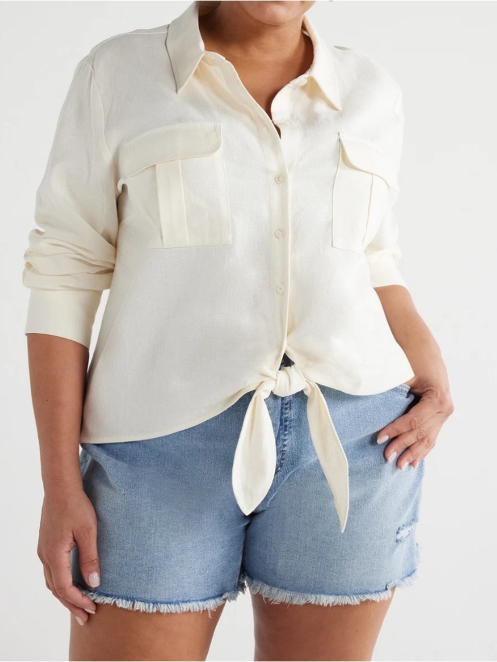 NWT by Sofia Vergara Linen Blend Cream Tie-Front Button Down Shirt XXXL